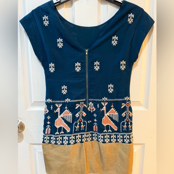 Anthropologie Floret Blue and Tan Embroidered Peruvian Dress - Picture 3 of 7